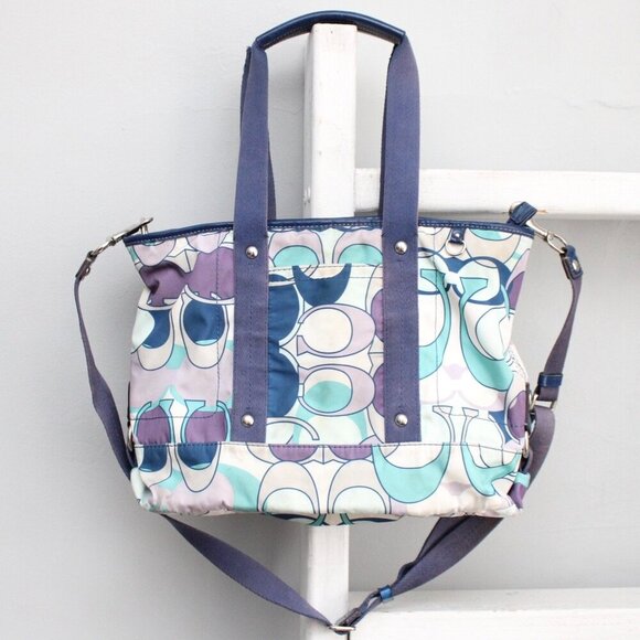 COACH Vintage Y2K Purple Blue White Signature Logo Kyra Scarf Print Tote Bag - Picture 1 of 13